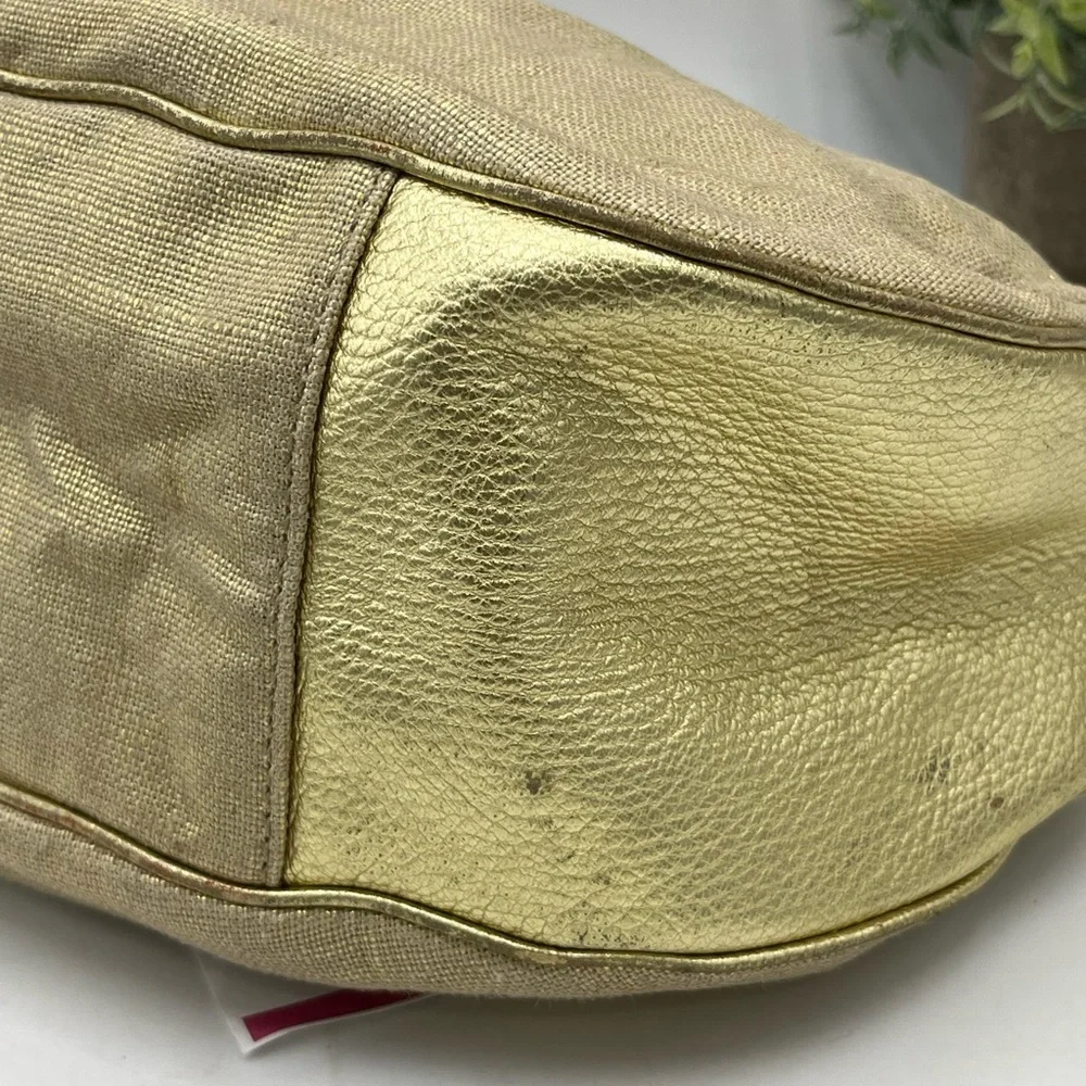 Authenticated Kate Spade Gold Metallic Glitter Canvas Leather Gabi Avalon Hobo‎